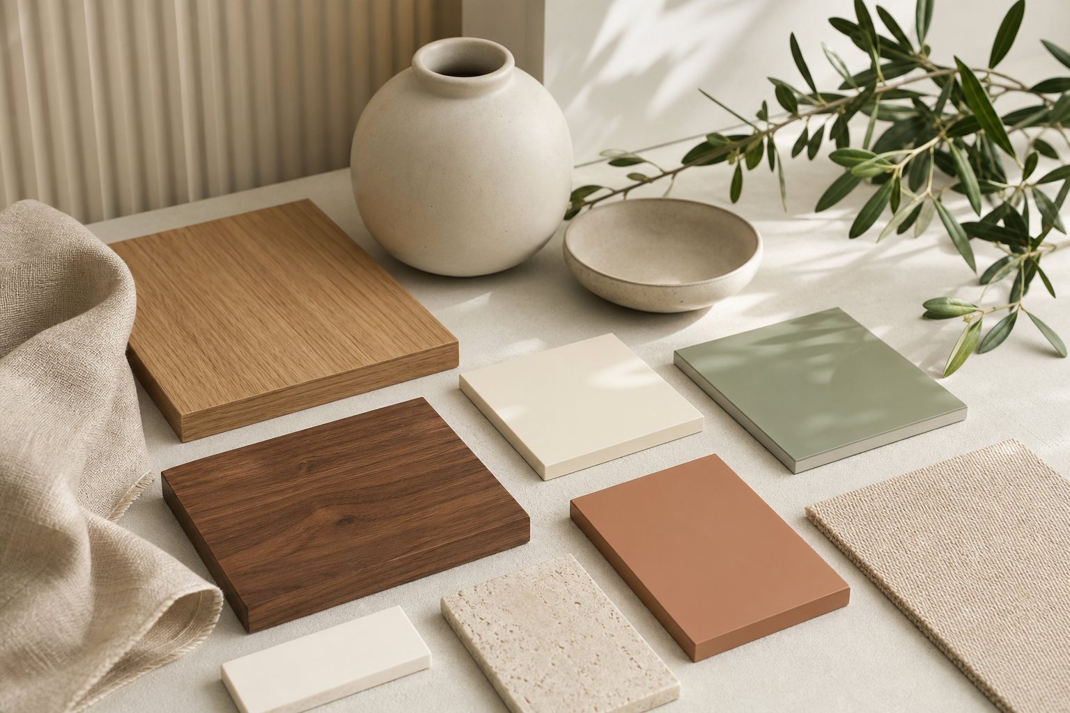 Interior doméstico ilustrativo relacionado con combinar materiales y colores con la luz real